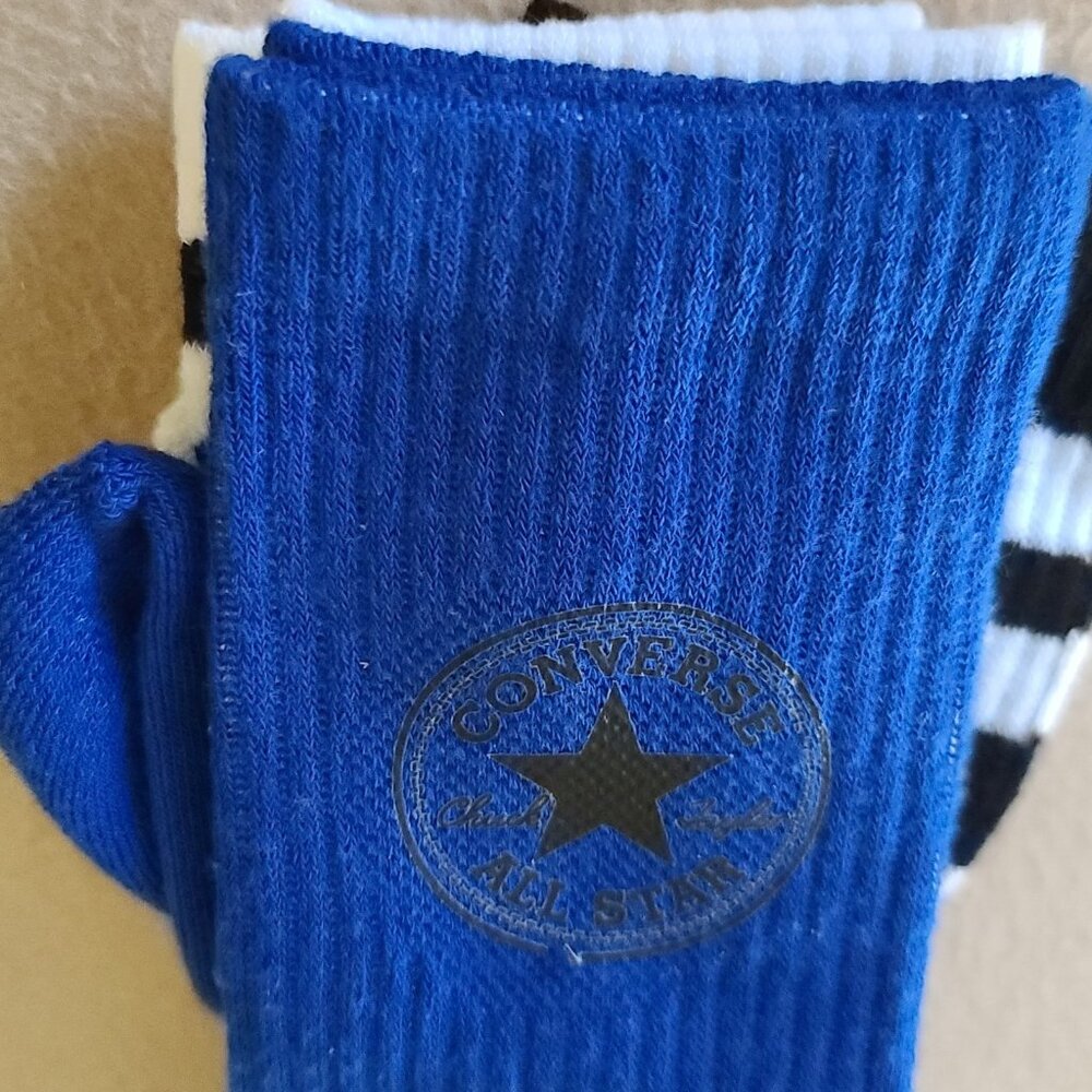 Converse Half Cushion Crew Socks 3 Pack White Blue Mens 6-12 Striped Logo NWT - Picture 6 of 11